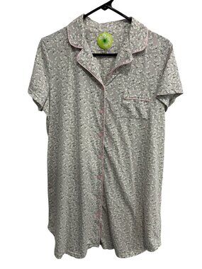 White Orchid Medium Gray Pink Floral Button-Down Short Nightgown Cottagecore